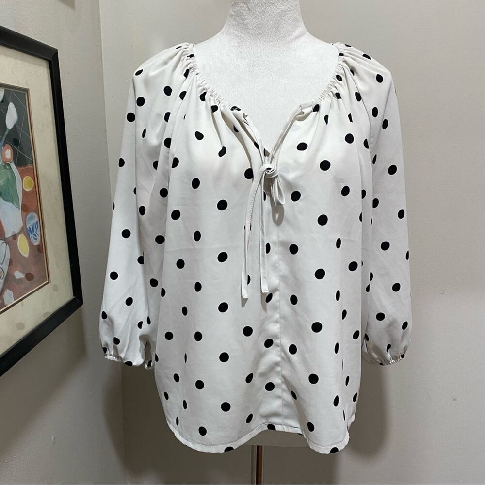 Versona Polka Dot Women's Top Size Large White and Black Drawstring Neckline